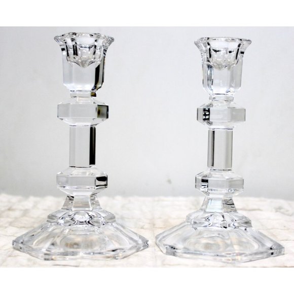 Oslo by Tuscany 6" Lead Crystal Taper Candlestick Pair Wedding Dinner Table - Picture 2 of 8